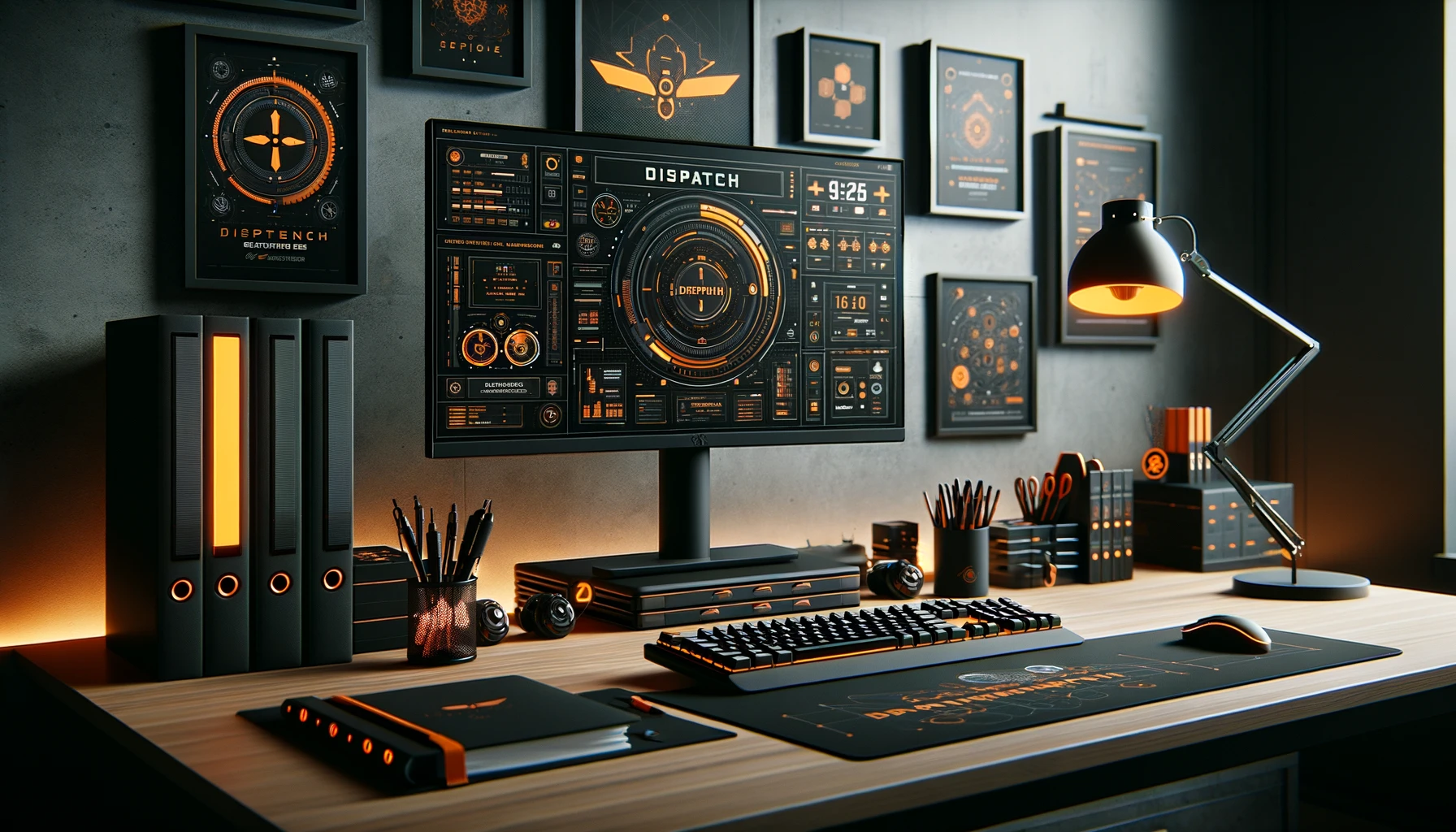 DALL·E 2024-04-29 18.02.22 - A highly organized office desk with an advanced dual monitor setup, displaying detailed graphics themed around 'Dispatch Services' in black and orange